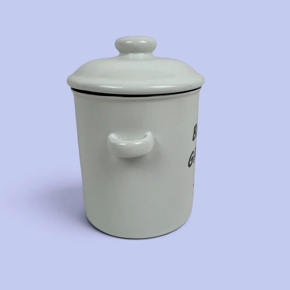 White Enamel Bacon Grease Container w/ Lid & Mesh Strainer Kitchen Can